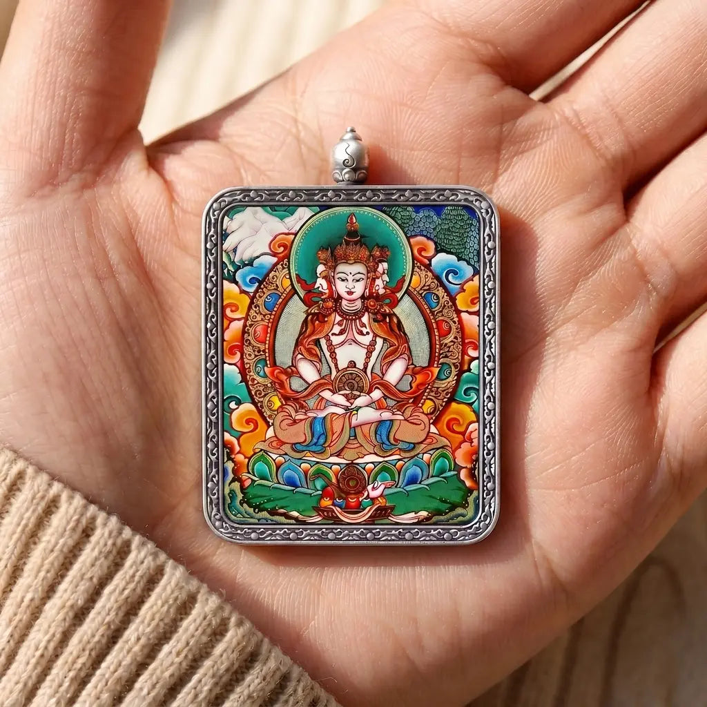 Four-Faced Sarvavid Vairocana micro-Thangka Ghau pendant, crafted by Himalayan monks for ultimate spiritual healing by BEYUL ATELIER.