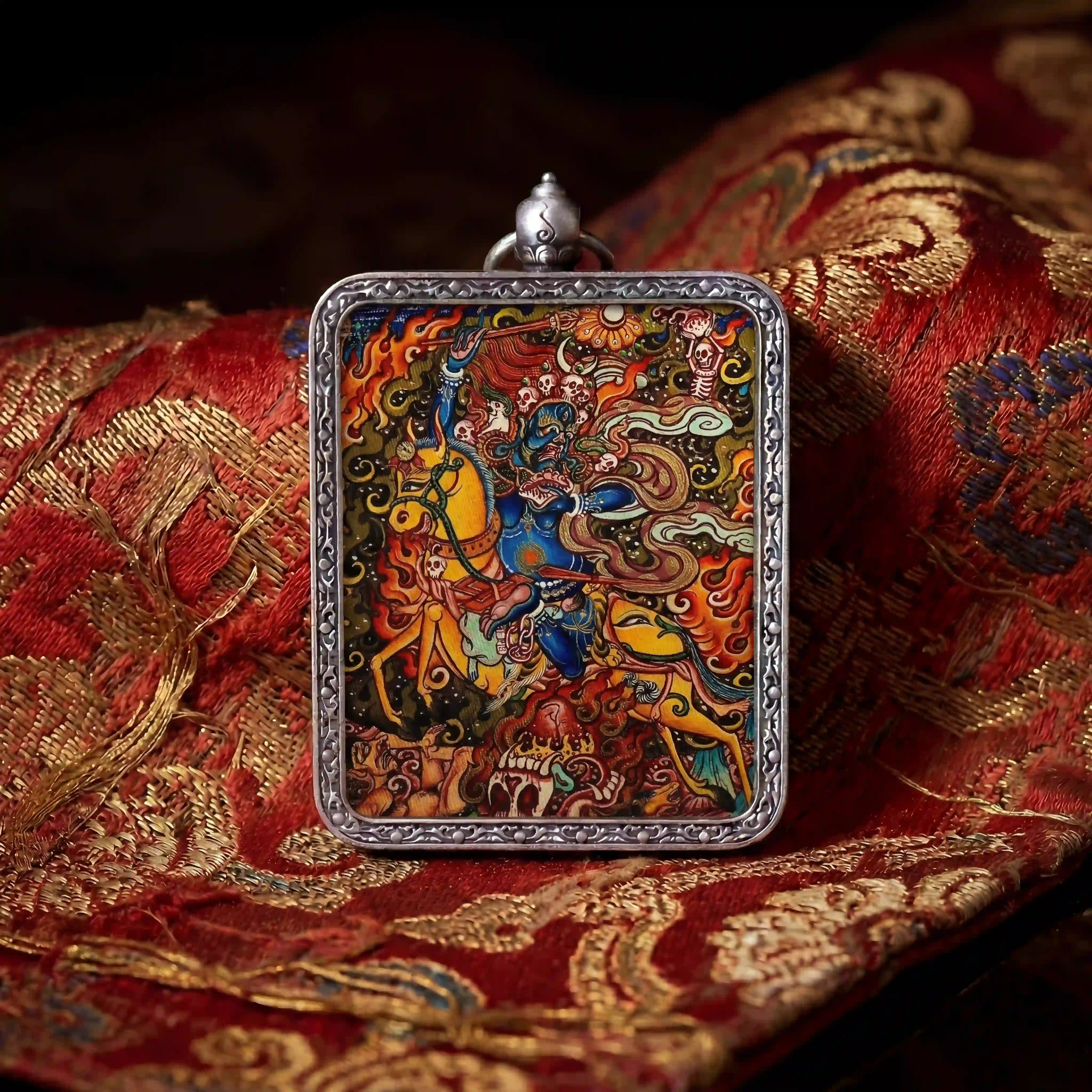 Authentic Shri Devi Palden Lhamo miniature Thangka amulet pendant, handcrafted in the Himalayas with raw minerals by BEYUL ATELIER.
